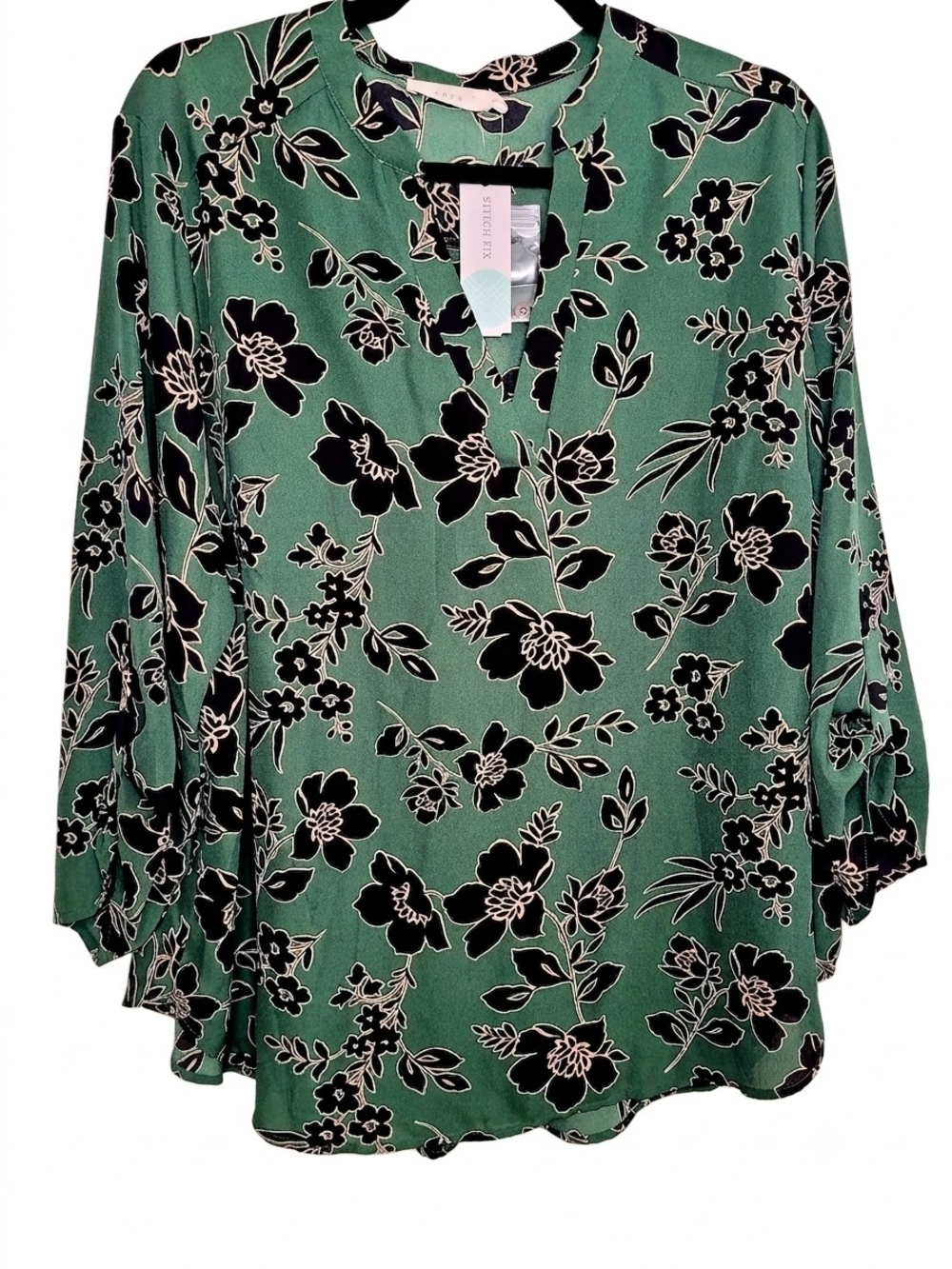 Lush Green & Black Fall Floral Split-Neck Top Stitch Fix Sz 2X Boho-chic